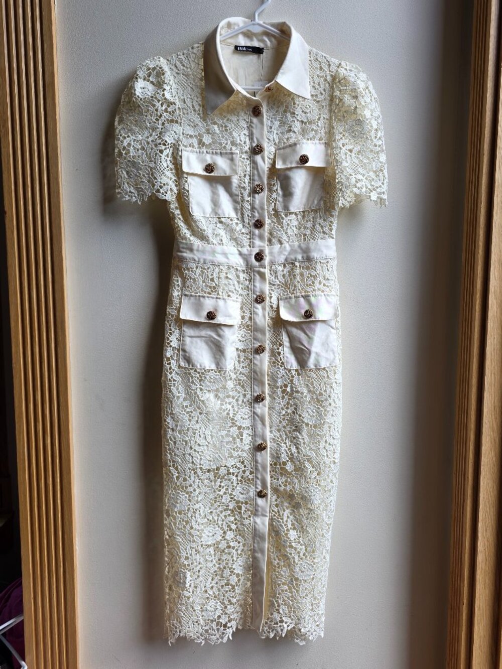 NWT INA Cream Lace 90s Classic Button Down Textured Dress Size Small